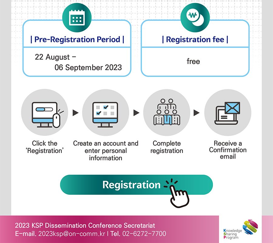  W | Pre-Registration Period | 22 August - 06 September 2023 | Registration fee | free Click the 'Registration' Create an account and enter personal information OO Complete registration Registration Receive a Confirmation email 2023 KSP Dissemination Conference Secretariat E-mail. 2023ksp@on-comm.kr | Tel. 02-6272-7700 Knowledge Sharing Program 